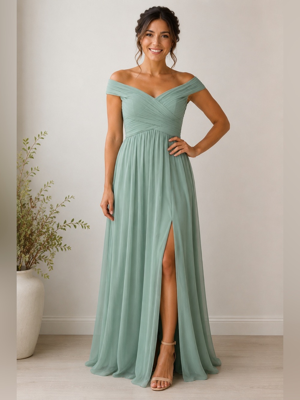 Celebrate DB Studio Sage Green Off Shoulder Chiffon Bridesmaid Dress Size 2